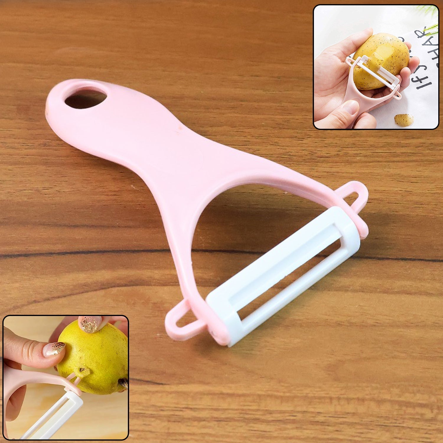 Y-shaped vegetable peeler with a stainless steel blade and black handle.