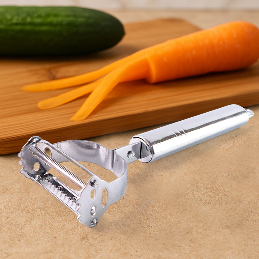 Heavy duty 2-in-1 stainless steel vegetable peeler and julienne cutter on white background