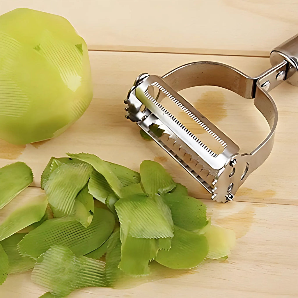 Compact vegetable peeler and julienne cutter with hanging hole for storage