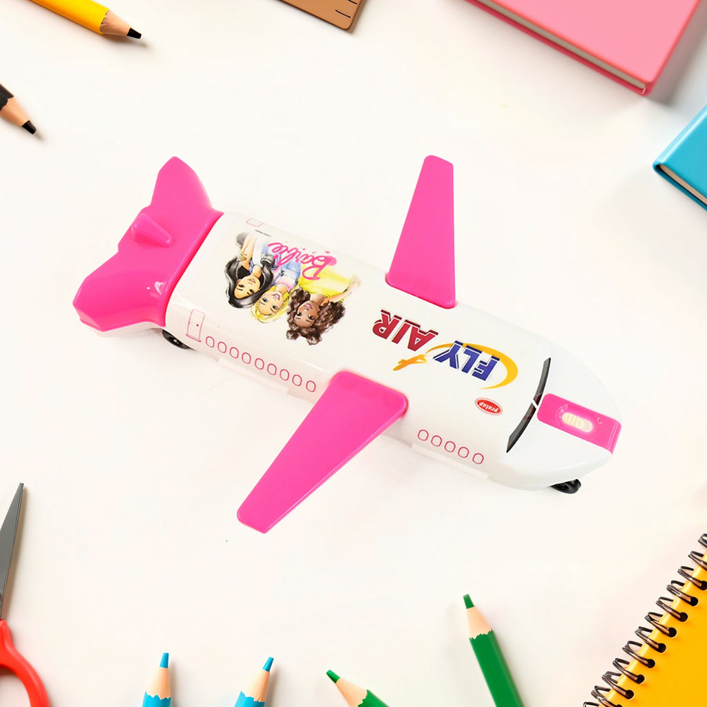 Colorful airplane pencil box with LED light and multiple compartments.