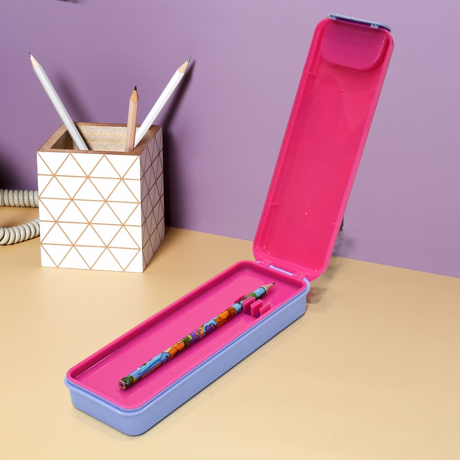 Cartoon printed pencil box featuring easy flip-open lid for kids