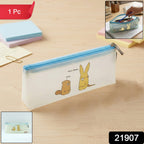 Close-up of waterproof zipper on stylish transparent pencil pouch with cartoon print