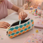 Close-up of zipper closure on geometric printed pencil pouch