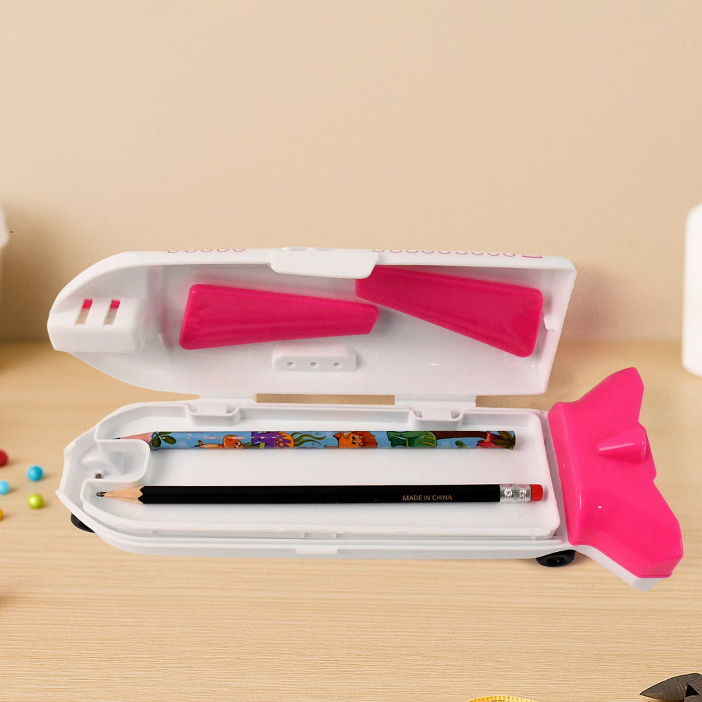 Vibrant airplane pencil box open to reveal a built-in sharpener.
