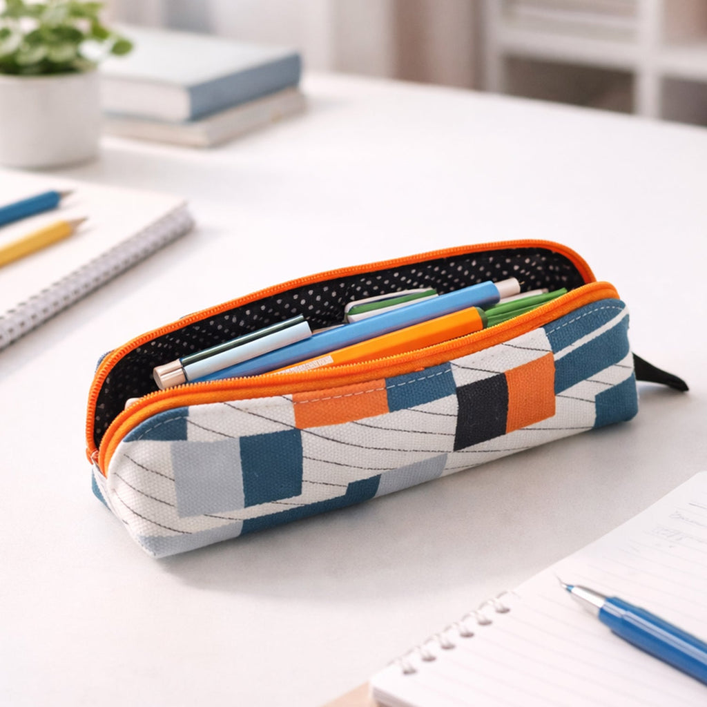 Front view of designer fabric zipper pencil pouch with stylish print