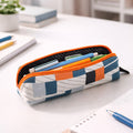 Front view of designer fabric zipper pencil pouch with stylish print