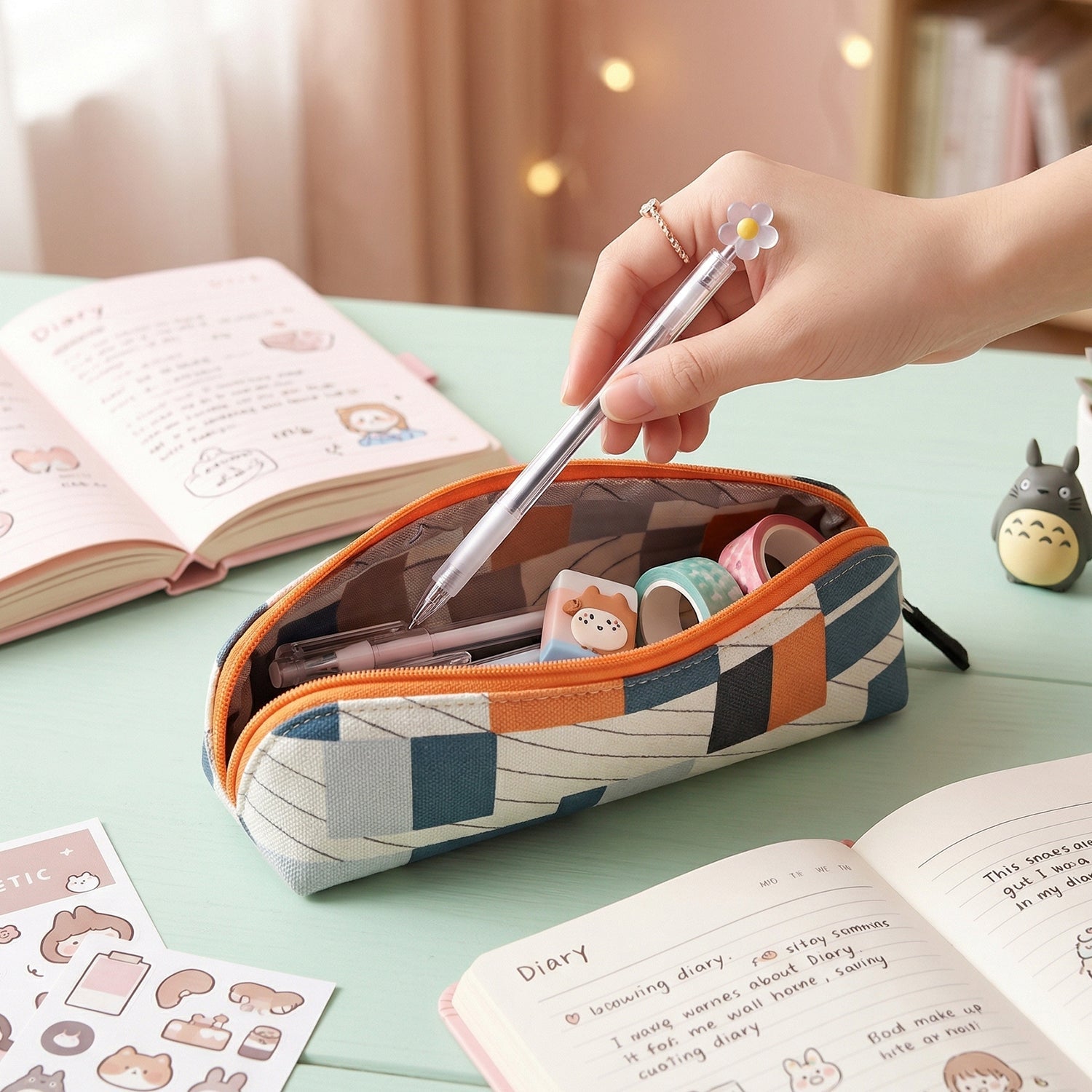Pencil pouch with pens inside, ready for use