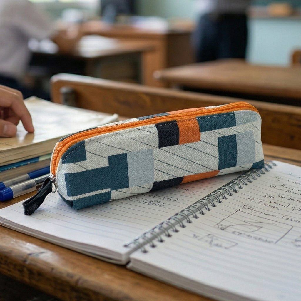 Open fabric pencil pouch with stationery accessories inside