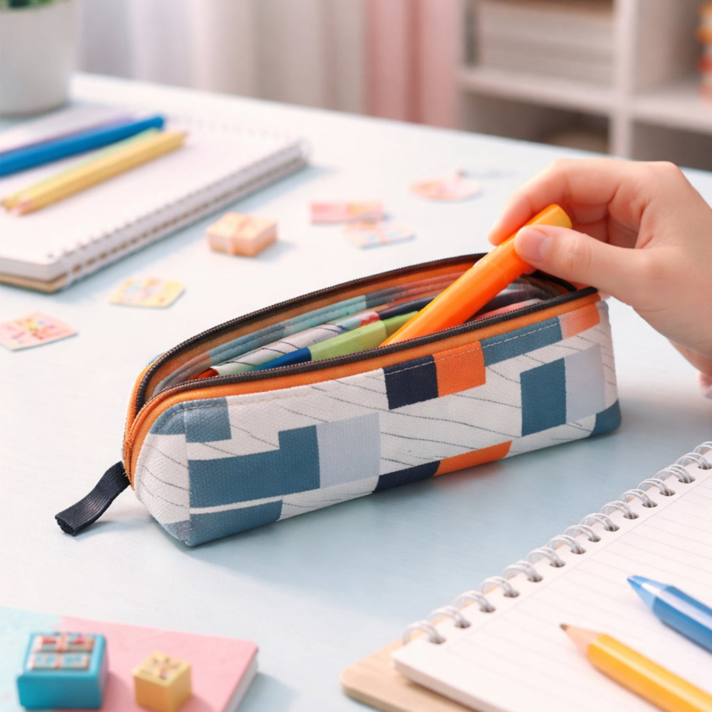 Side angle of fabric pencil pouch showing compact design