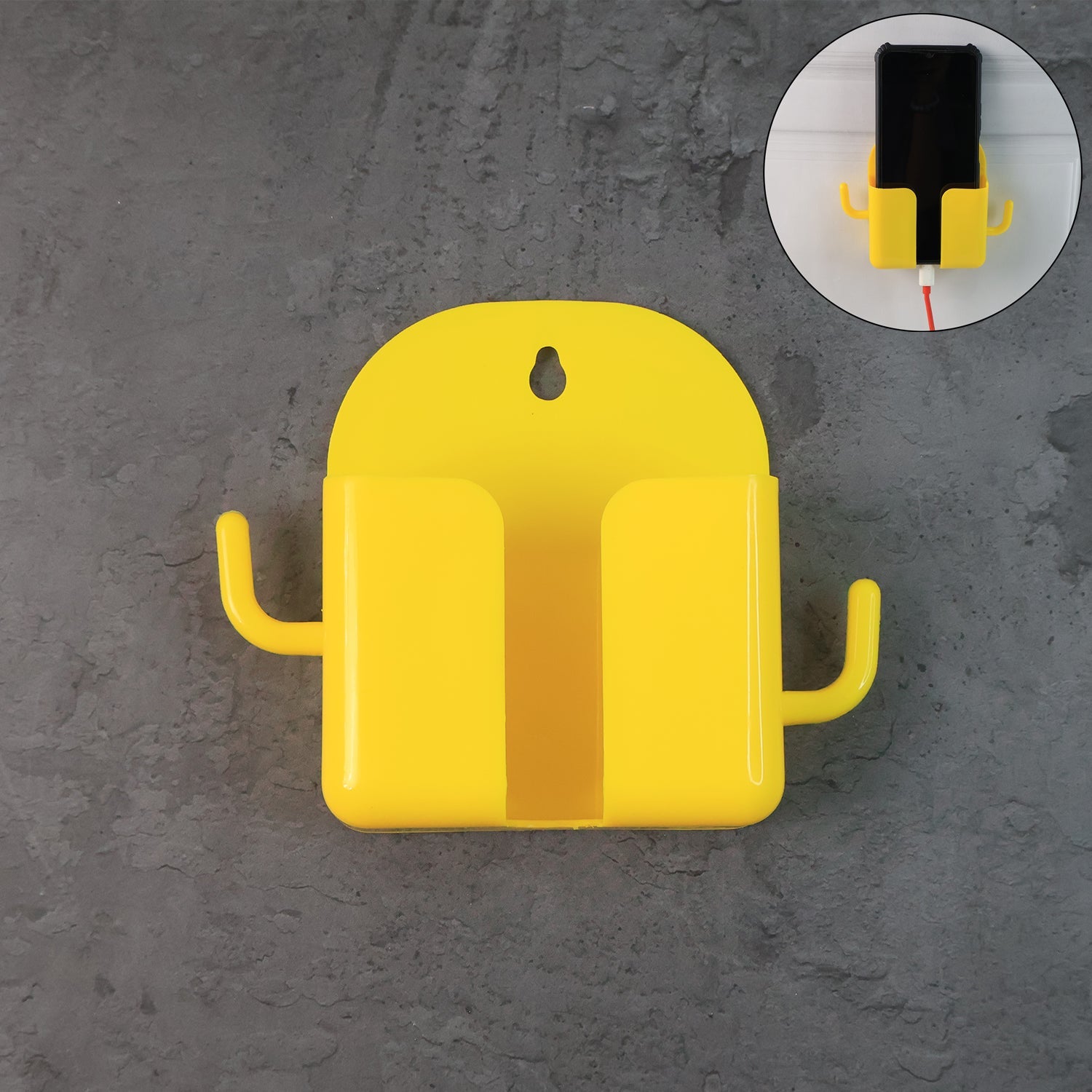 Wall mount mobile phone holder with hook holding a smartphone securely