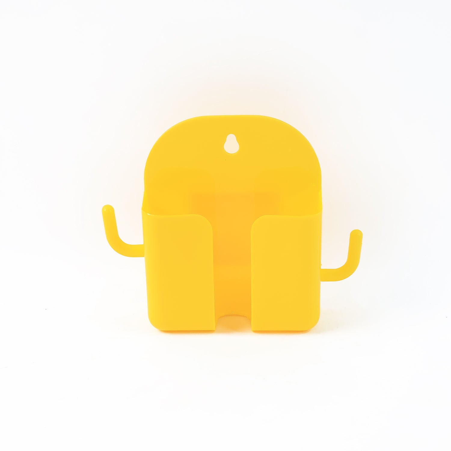 Mobile phone stand with hook holding phone and hanging accessories on wall