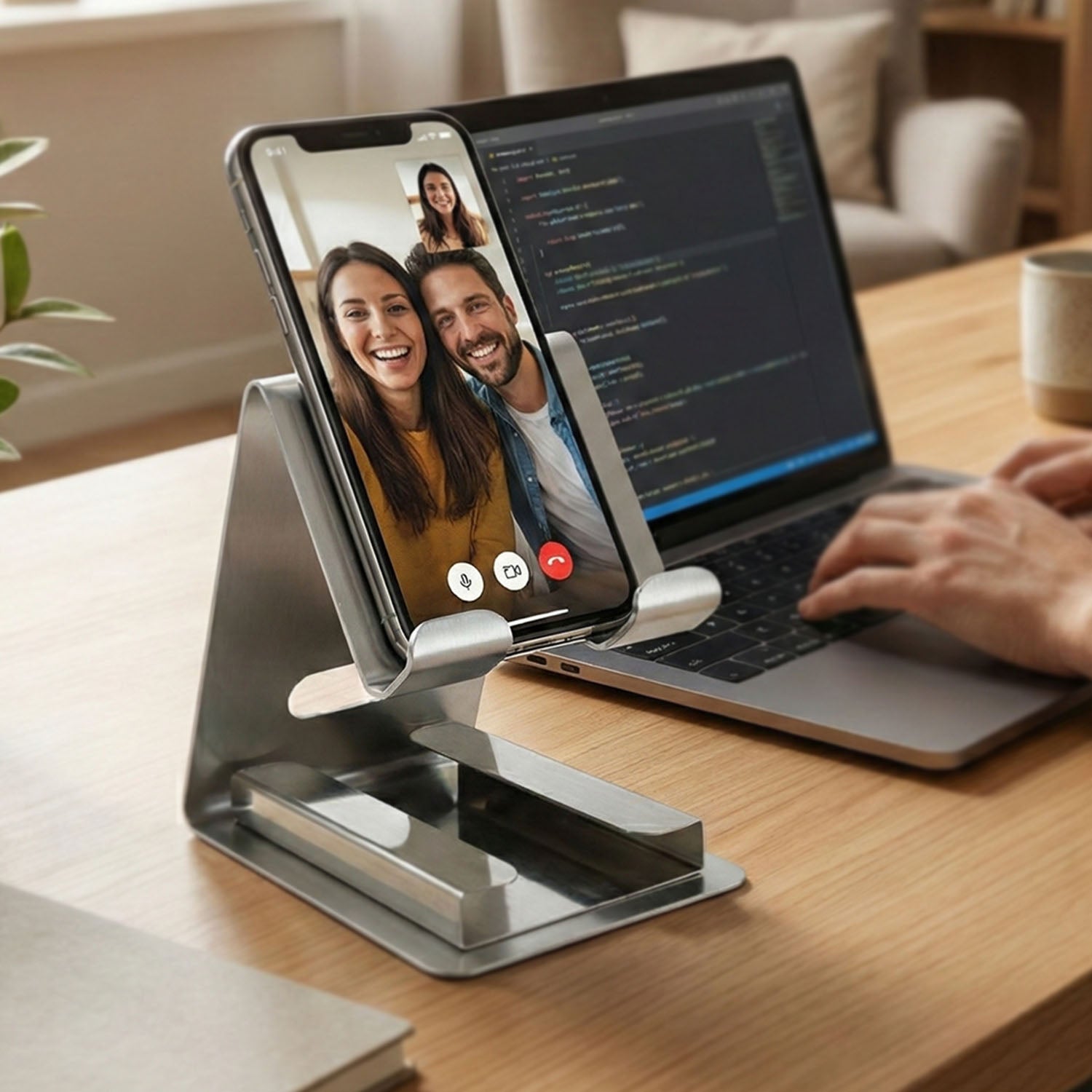 Side angle view of a mobile phone stand holding smartphone