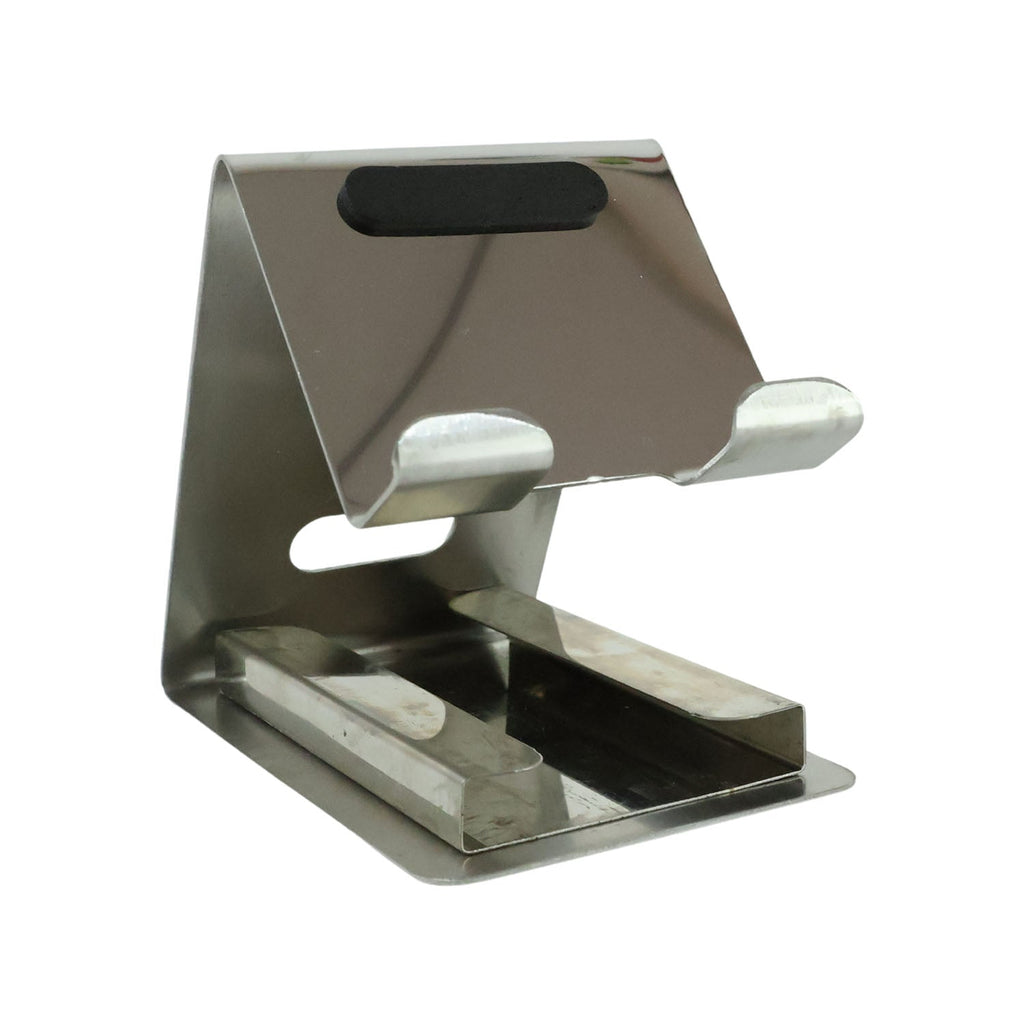 Close-up of tabletop mobile phone stand holder with phone