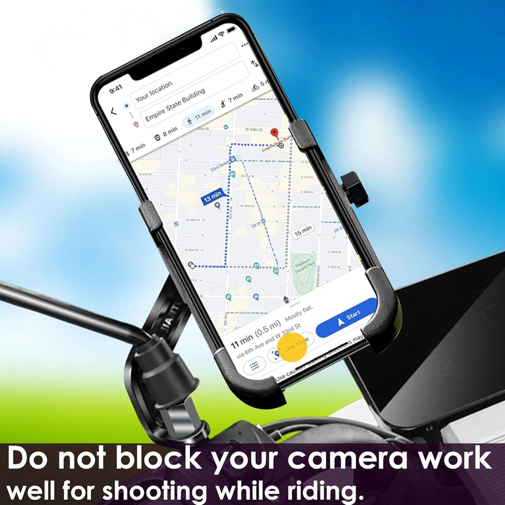 Detail of the anti-vibration mechanism within the metal bike phone holder for enhanced phone stability.