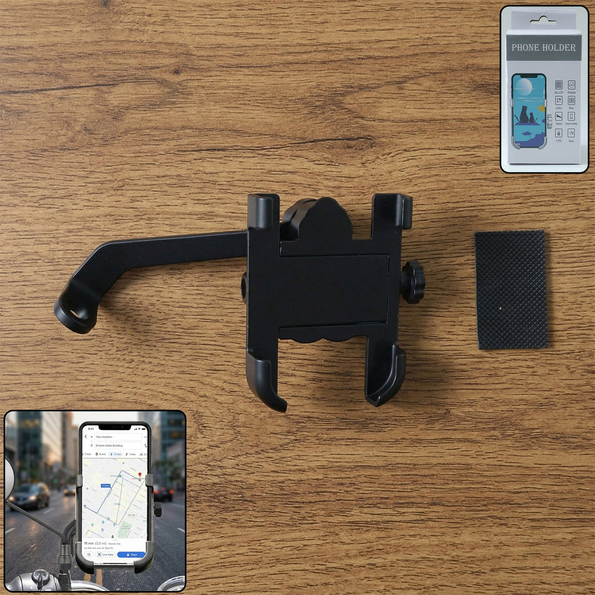 A sturdy metal bike phone holder securely mounted on a motorcycle's rear view mirror, ready for navigation.