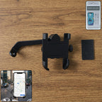 A sturdy metal bike phone holder securely mounted on a motorcycle's rear view mirror, ready for navigation.