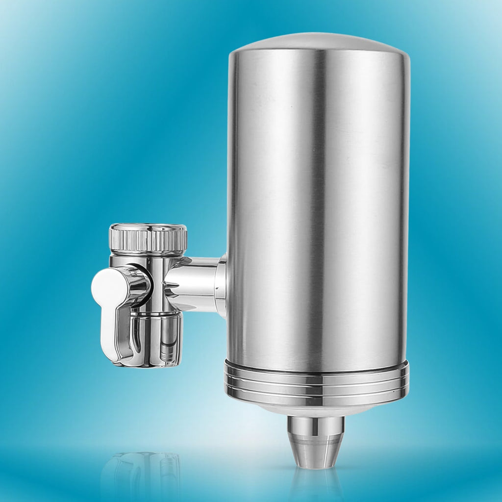 A sleek 304 stainless steel faucet water filter elegantly installed on a modern kitchen sink, providing clean water.