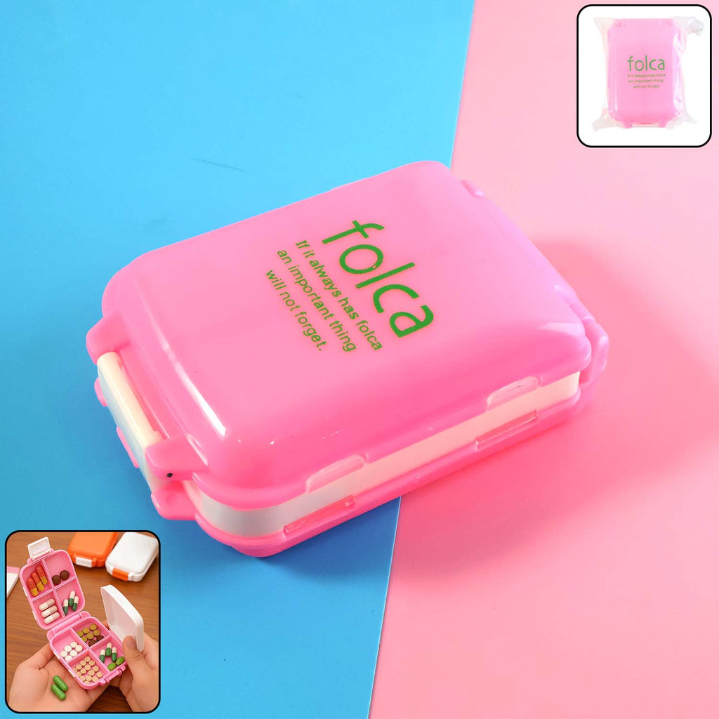 Pink dual-sided pill organizer box closed to prevent spills
