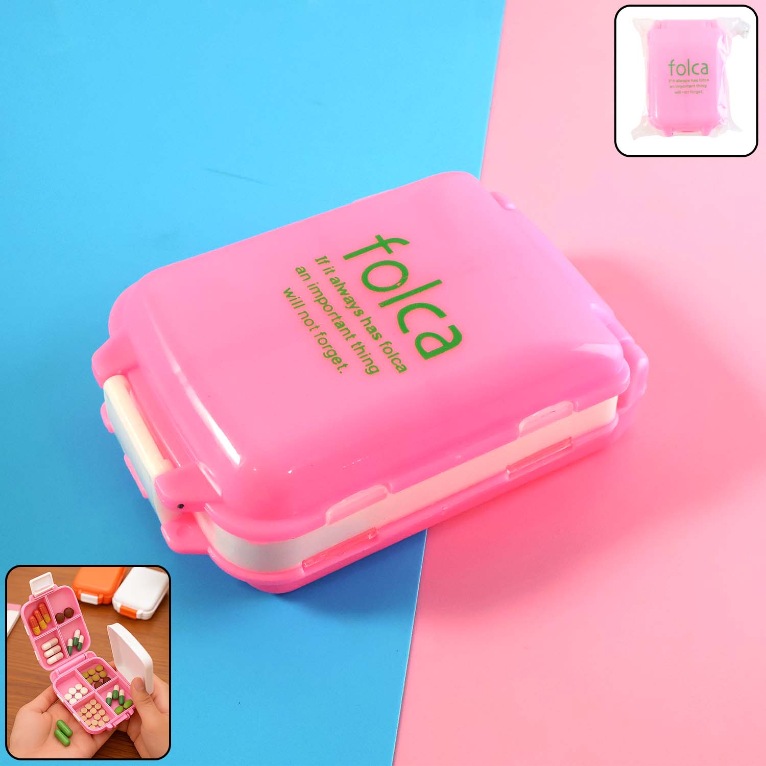 Pink dual-sided pill organizer box closed to prevent spills