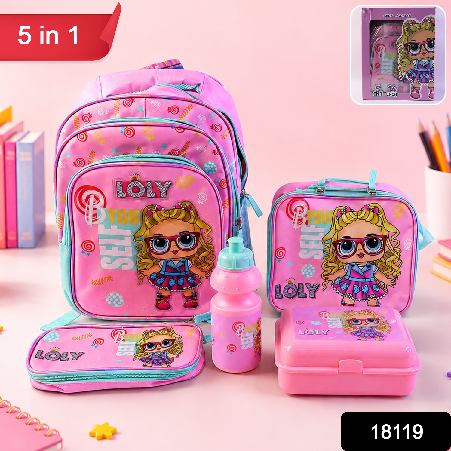 Matching lunch bag and water bottle included in the Kids School Bag Set.