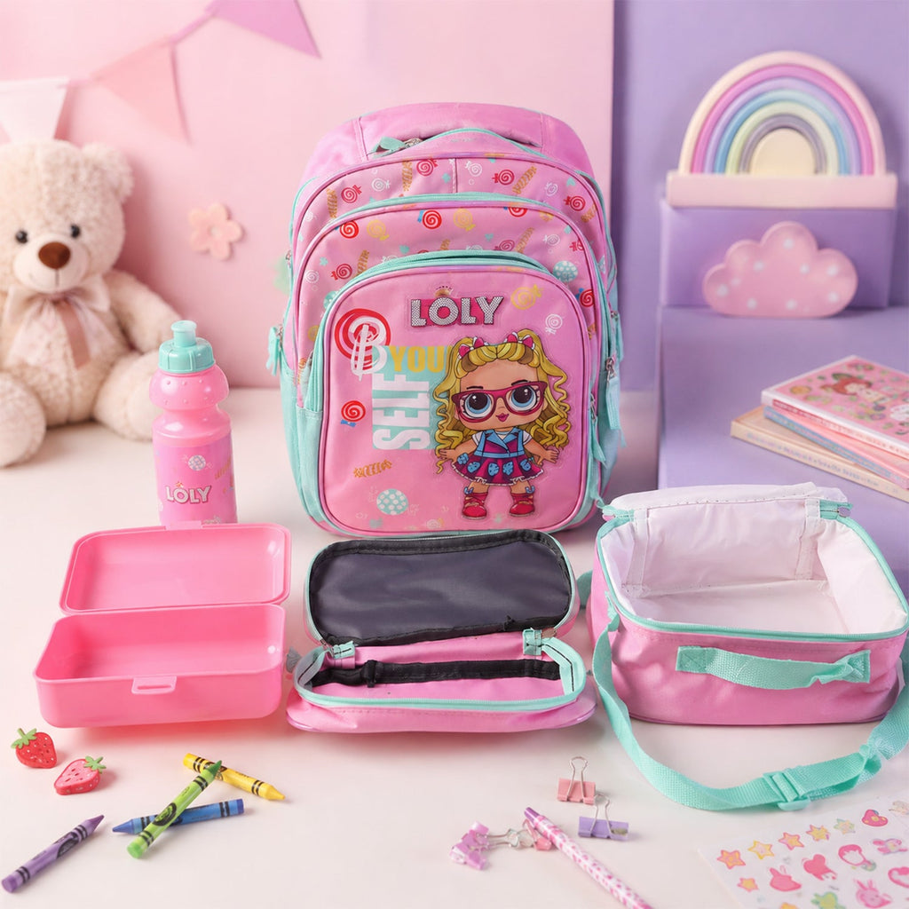 Pencil case and other accessories complementing the school bag set.
