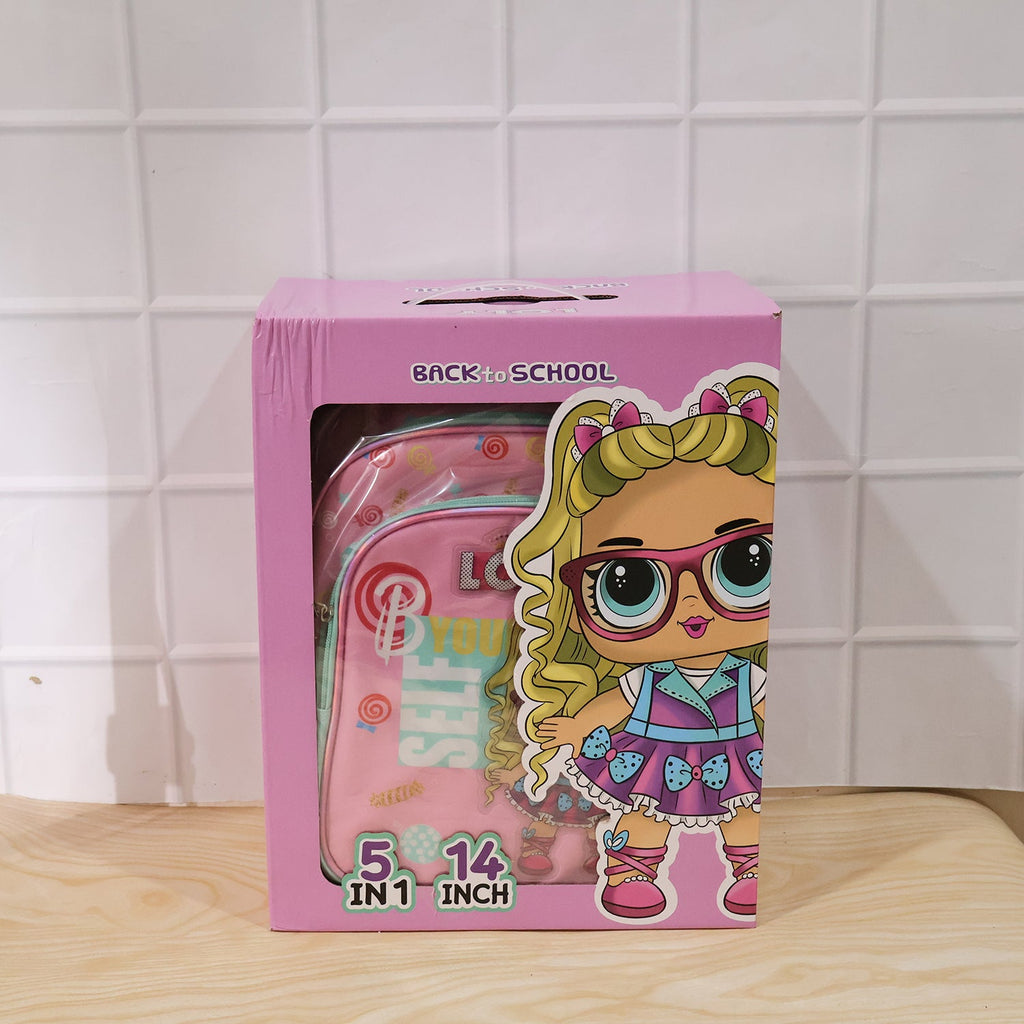 Side view of the complete pink Kids School Bag Set, ready for daily use.