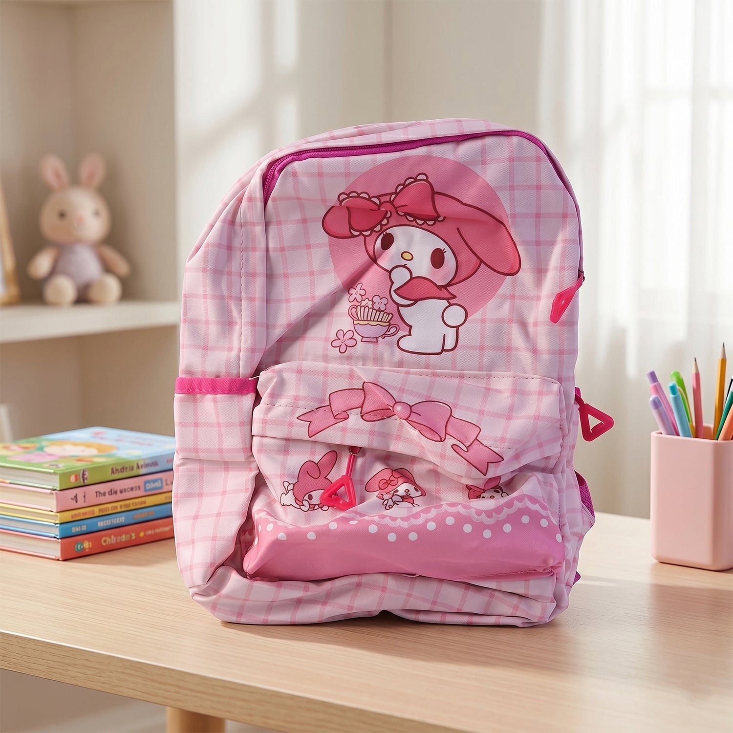 Kids backpack in real-life setting with My Melody design