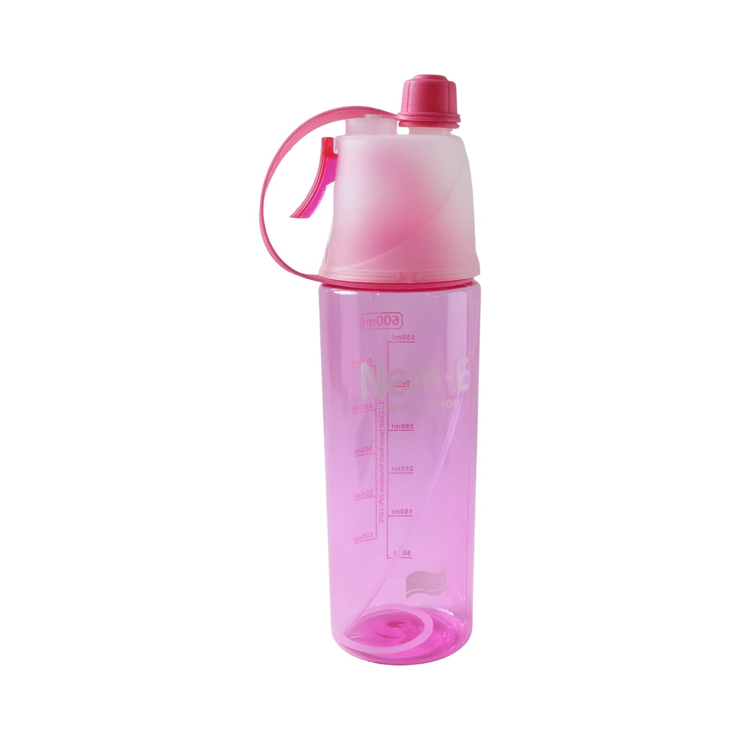 Side view of pink water bottle showing leak-proof lid and spray cap