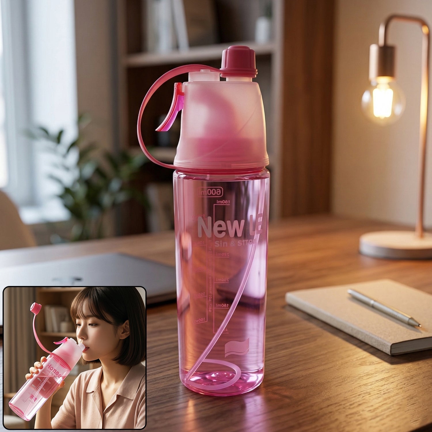 Pink sports water bottle with built-in mist spray front view