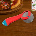 Stainless steel pizza cutter featuring sharp rotary blade for precise slicing.