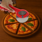 Supermom pizza cutter demonstrating smooth and precise cutting action.