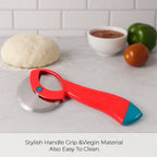 Compact pizza cutter with ergonomic grip storing efficiently in kitchen drawer.