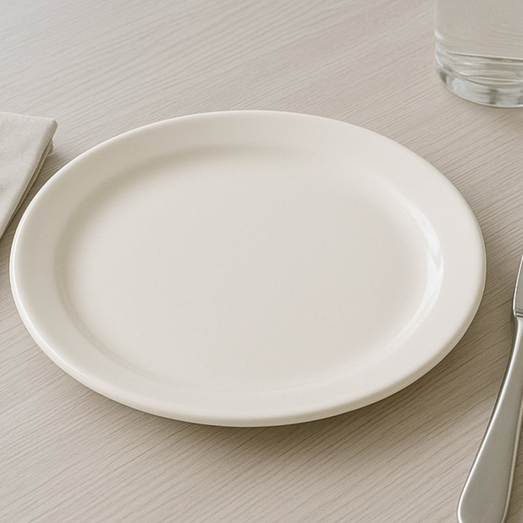 Smooth glossy plastic dinner plate showing its break-resistant surface
