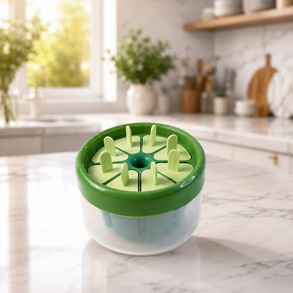 Kitchen countertop with plastic ice candy popsicle maker in use
