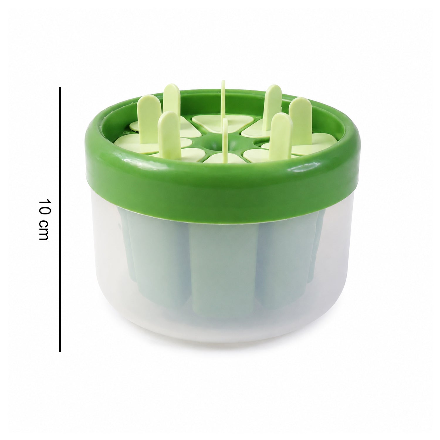 Size comparison of plastic ice candy popsicle maker showing 10 cm length