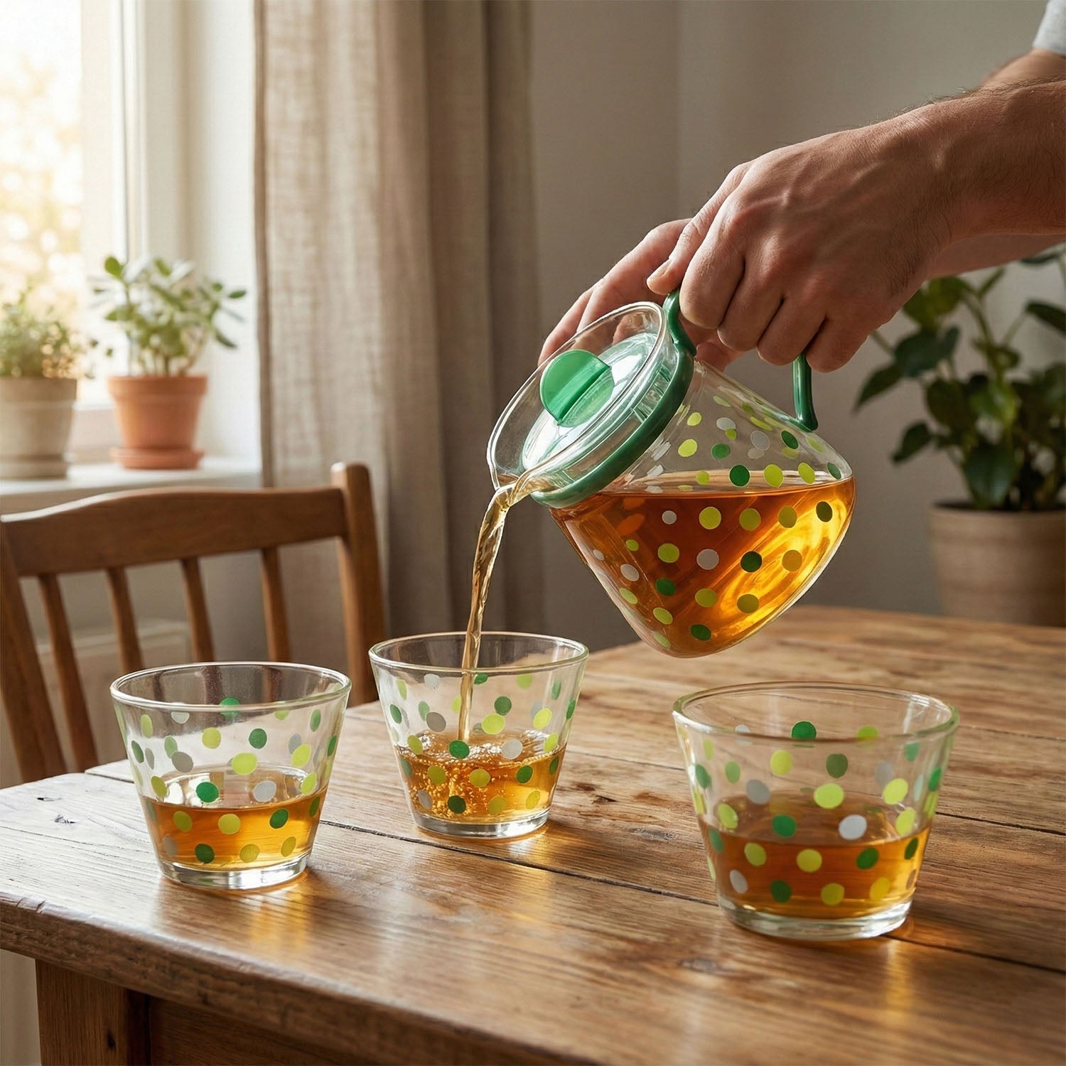 Glass tea pot and cups arranged beautifully for tea serving