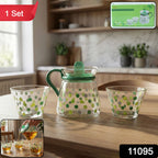 Complete glass tea pot set including pot and two matching cups