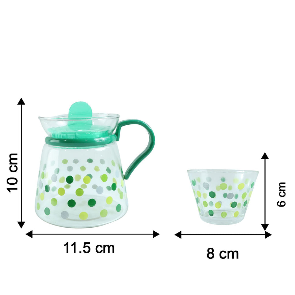 Glass tea pot and cups set with visible dimensions for reference