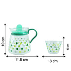 Glass tea pot and cups set with visible dimensions for reference