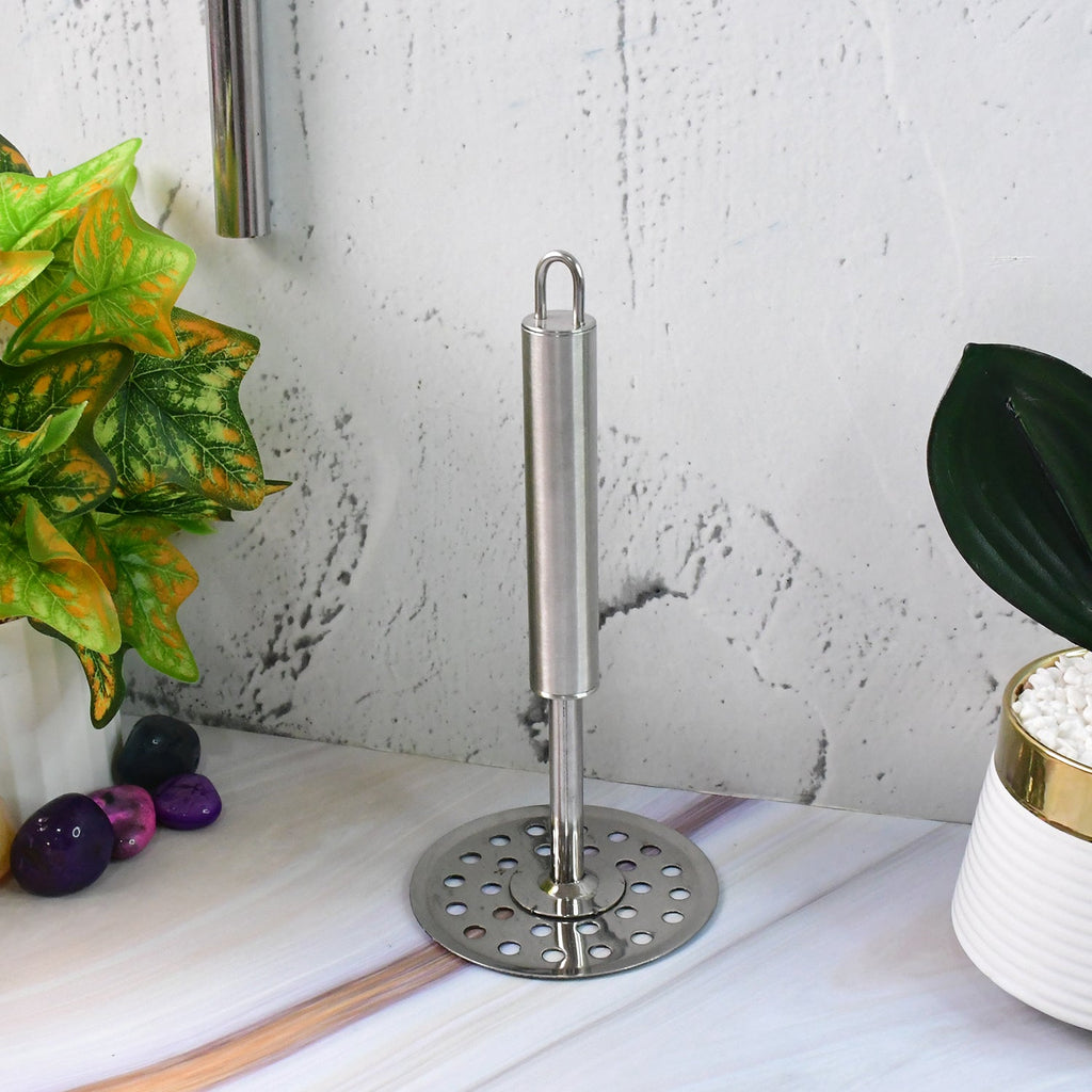 Heavy duty masher with rust-resistant stainless steel plate and ergonomic handle
