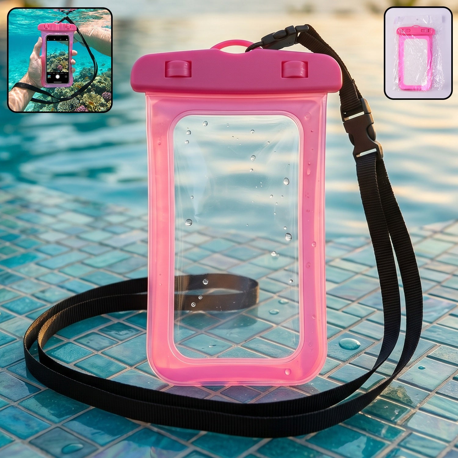 Pink waterproof mobile pouch cover with transparent front and back for phones up to 7"