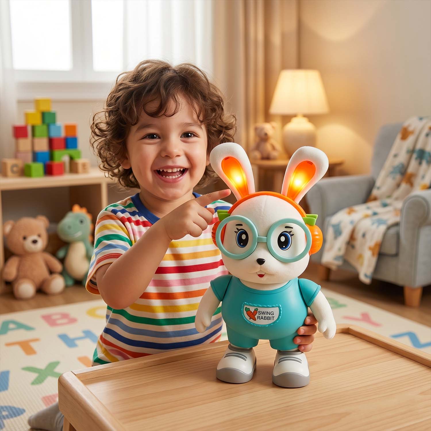 Musical dancing rabbit toy with bright lights