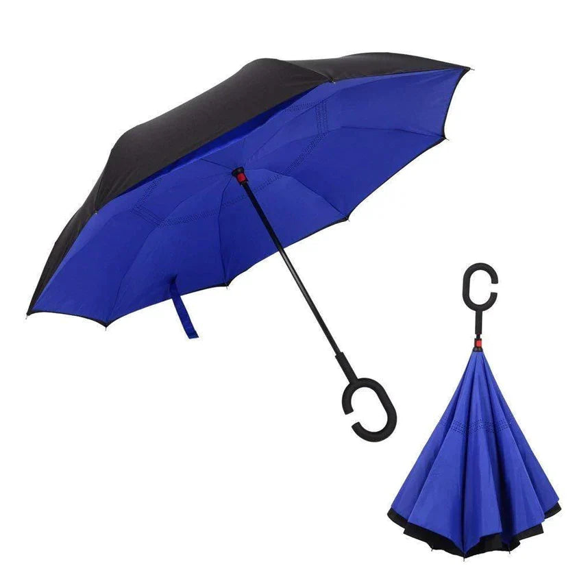 DrizzlePro windproof reverse umbrella in plain black with a comfortable C-shaped handle.