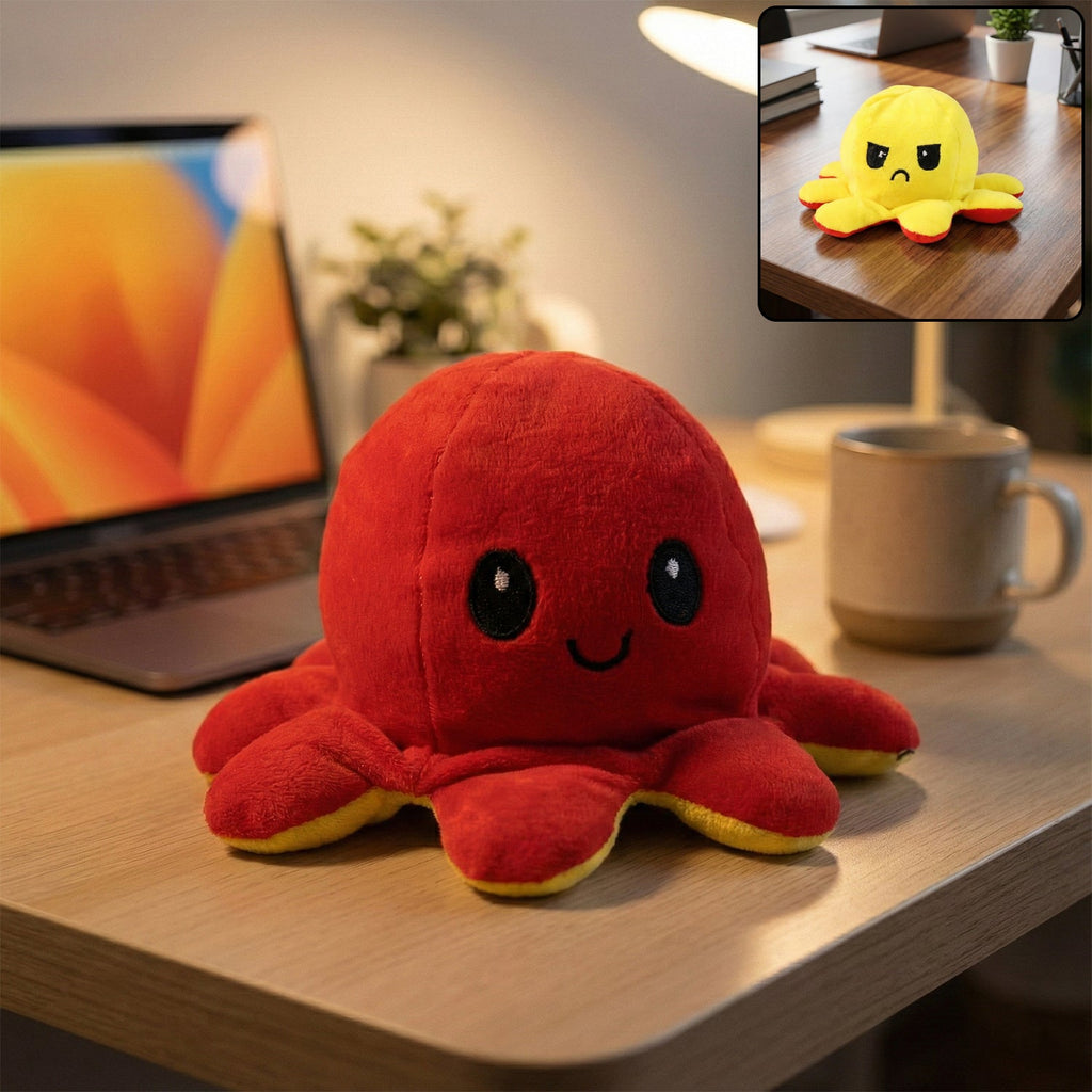 Reversible octopus plush toy showing happy face on soft desk decor