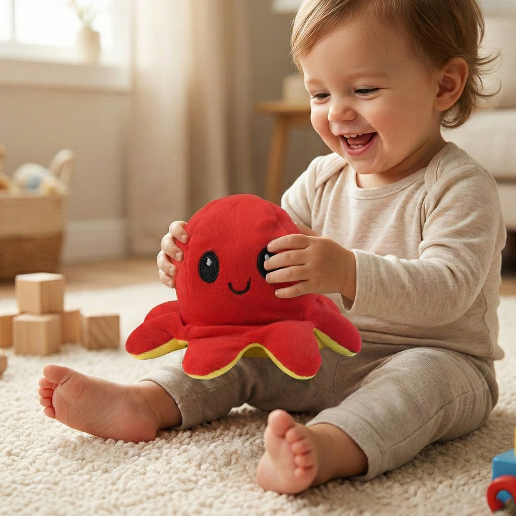 Cute octopus plush toy flipped to show opposite mood side