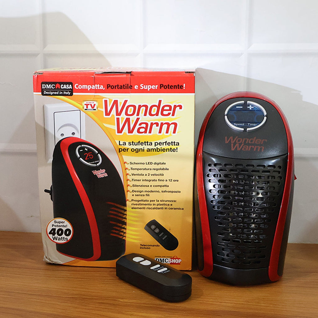 Compact 400W plug-in heater showing safety and overheat protection features
