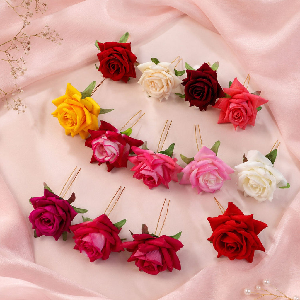 Model with a stylish updo adorned with a colourful flower hair pin.