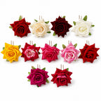 The complete set of 12 multicolour flower hair pins displayed together.