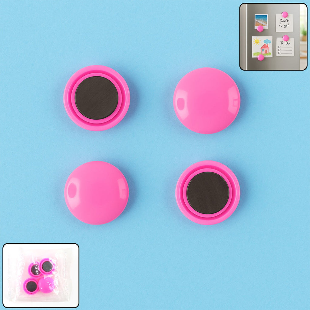 Round Fridge Magnets in a pack of four, showcasing vibrant colors on a white background.