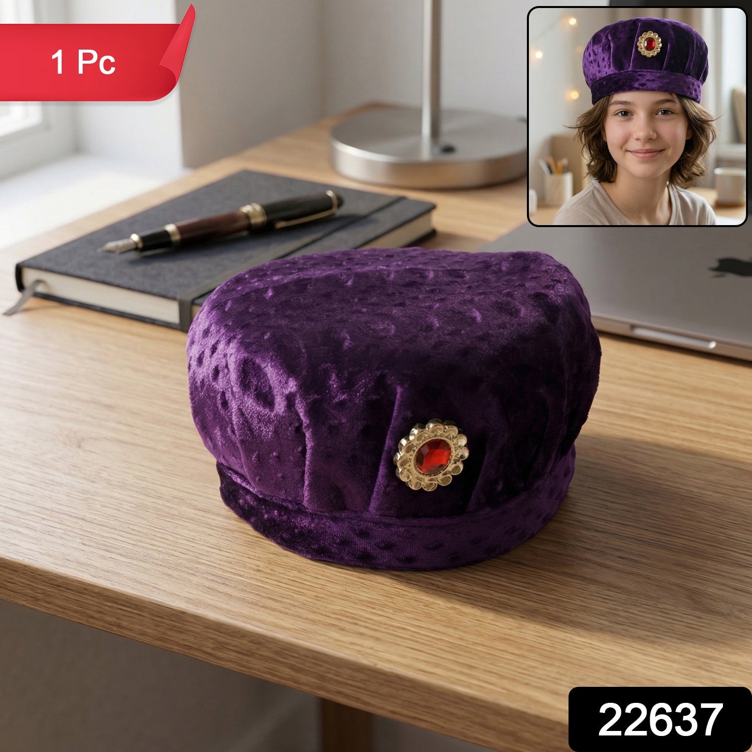 Side view of velvet boys cap featuring decorative brooch